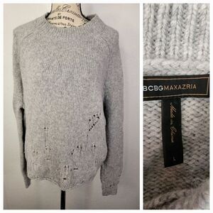 BCBGMaxAzria Sweater Large High Low Distressed Destroy Crochet Wool Alpaca Gray